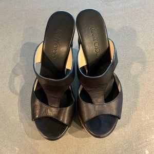 Jimmy Choo Black Leather Platform Open Toe Espadrill Sandals (sz 39/ 8.5) EUC